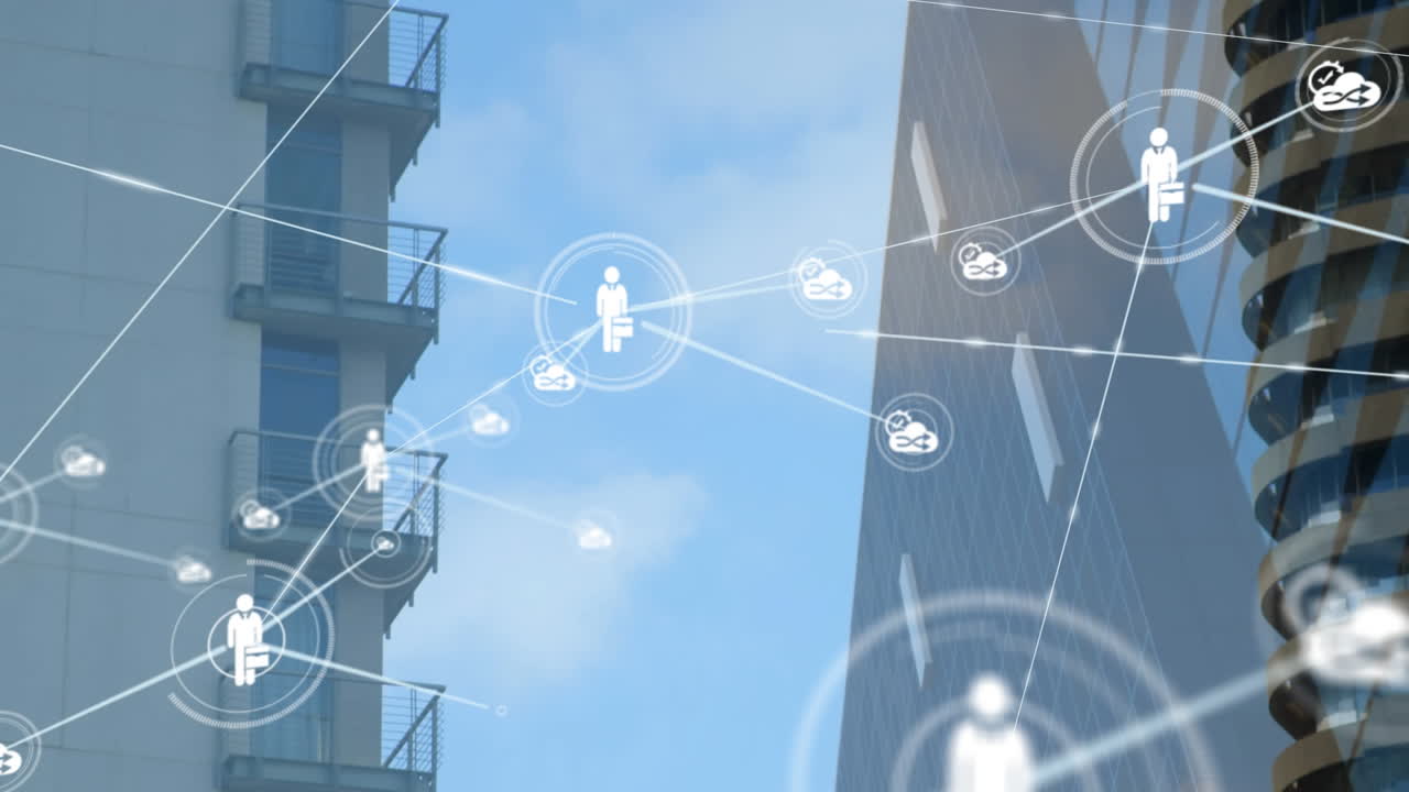 디지털 아이콘의 네트워크와 같은 연결의 네트워크, 그리고 드론을 통해 드론을 전달하는 네트워크