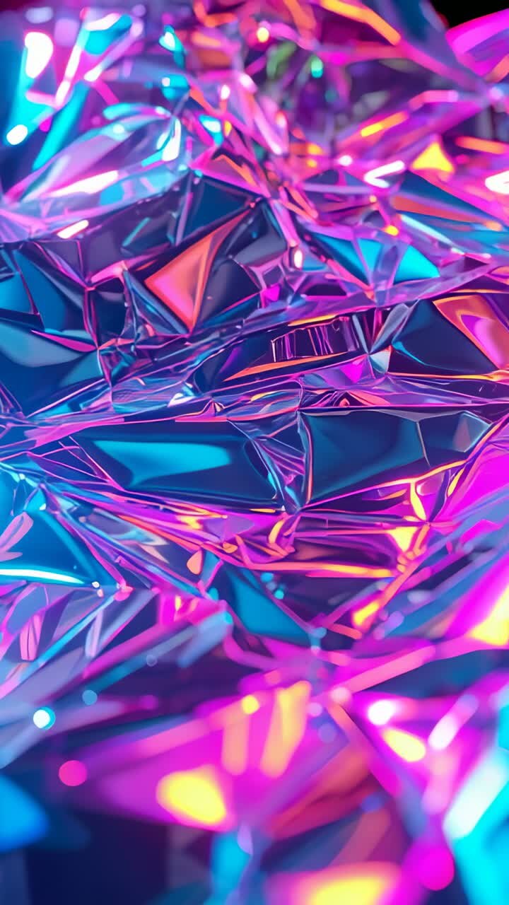 Vertical video: Crumpled foil scattering reflections in macro view, with shifting neon lighting