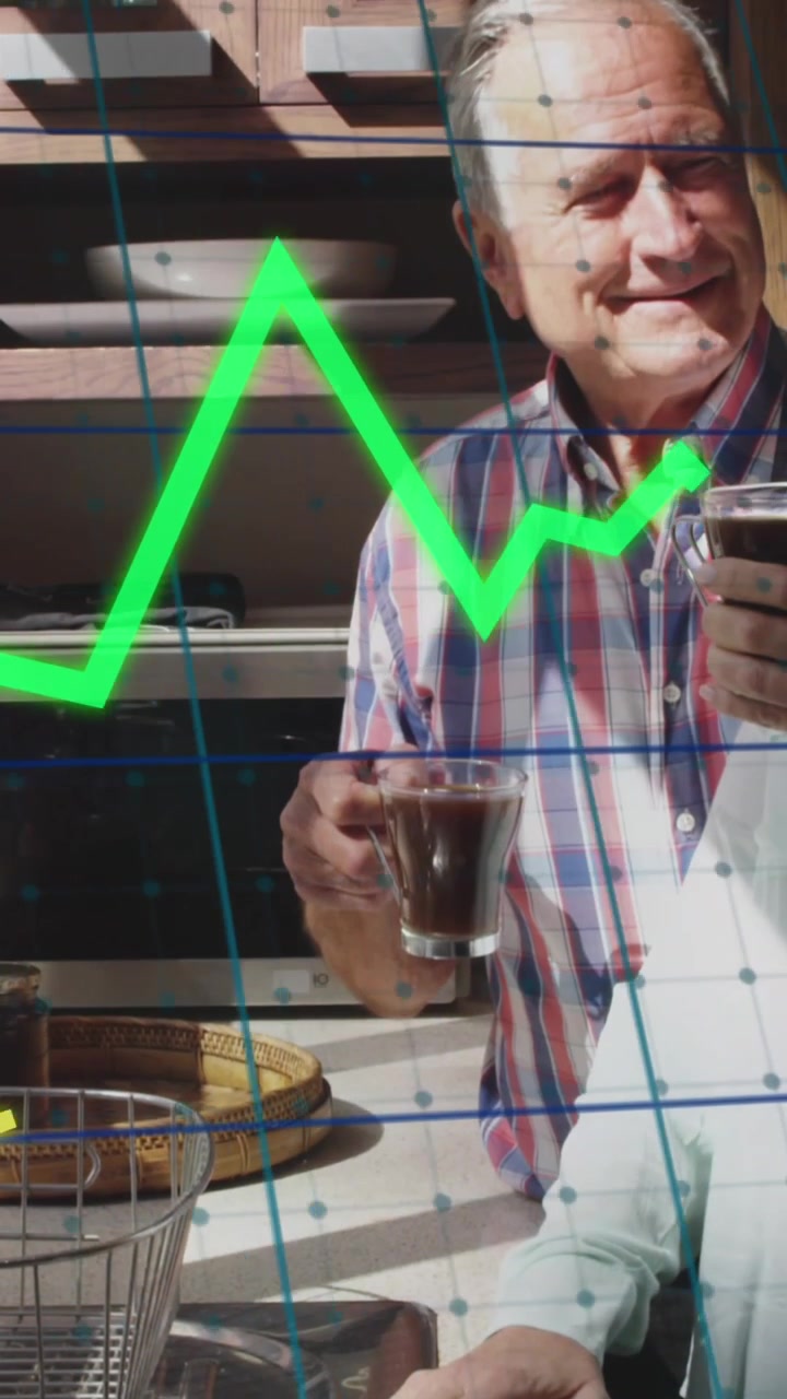 Animation of multiple graphs and grid pattern over senior caucasian couple enjoying coffee