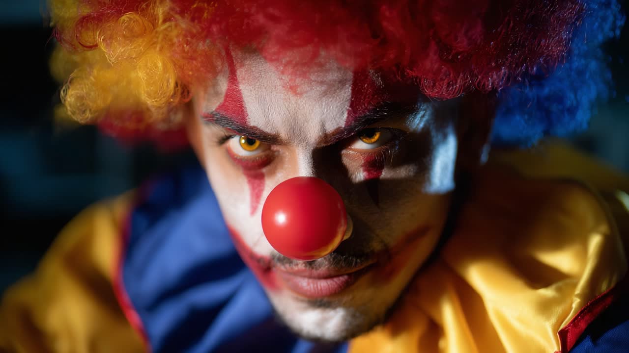 Et fængslende nærbillede af en klovn med levende, farverigt hår og makeup, der udstråler en mystisk aura i dramatisk belysning, som fremhæver hans intense blik