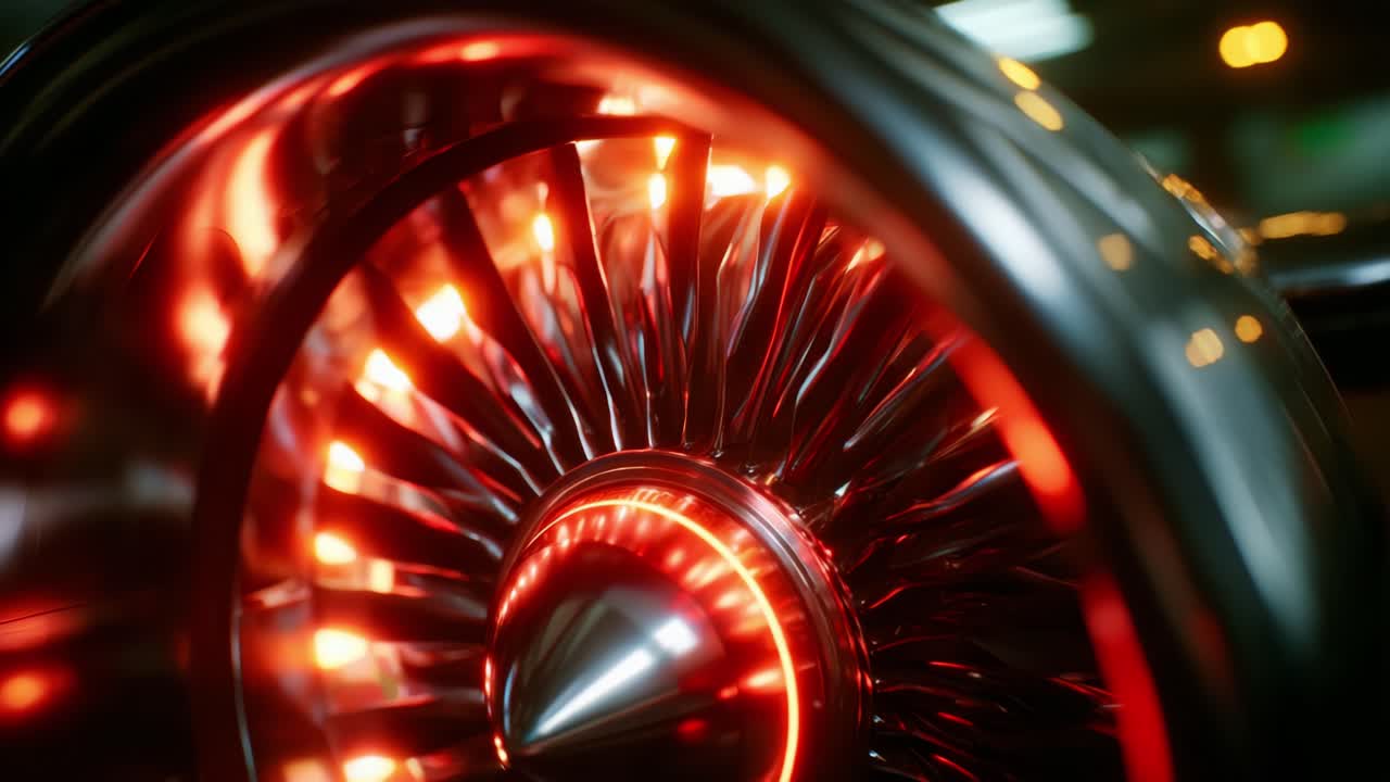 Крупный план современной турбины реактивного двигателя, демонстрирующий сложную конструкцию и функциональность лопастей, подчеркнутую эффектной красной светодиодной подсветкой, передающей мощь авиационных технологий