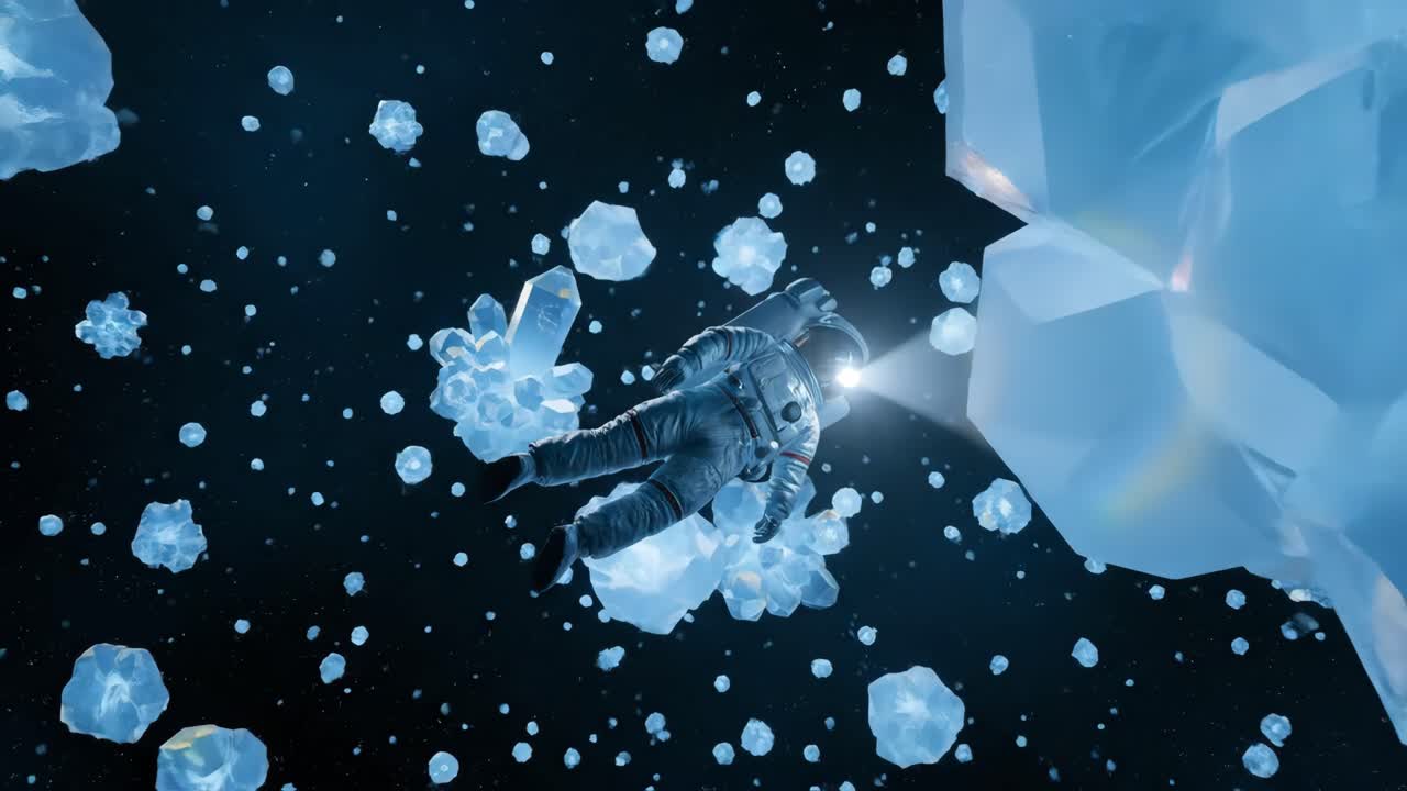 Astronaut Floating Among Crystals in Space
