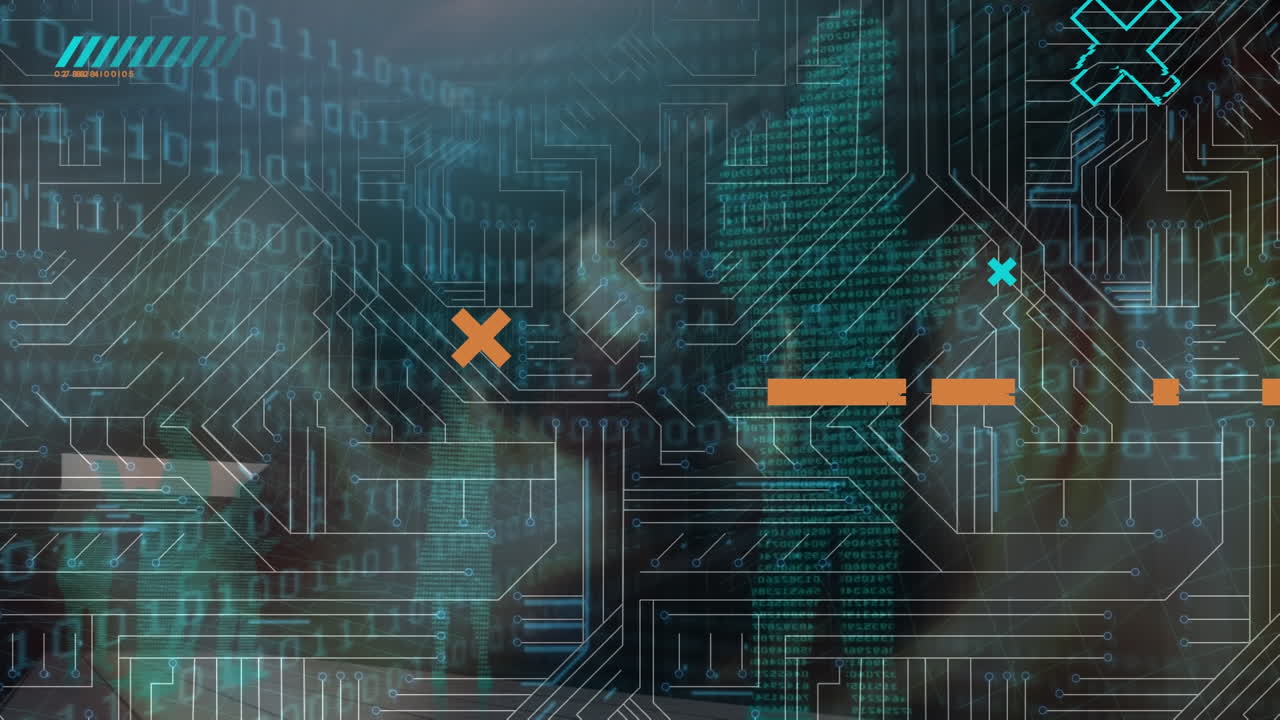 animación de la luz, código binario, circuito integrado y formas