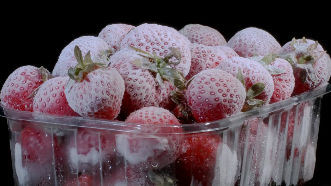 Morangos frescos congelados em embalagem plástica descartável para alimentos em fundo preto. Rotação 360 graus, close-up