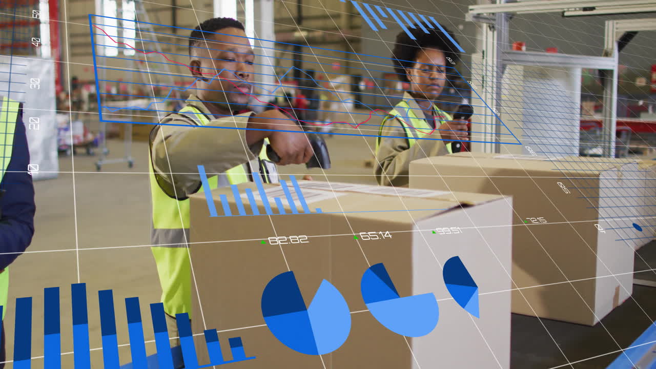 animación del procesamiento de datos financieros sobre diversas personas que trabajan en el almacén