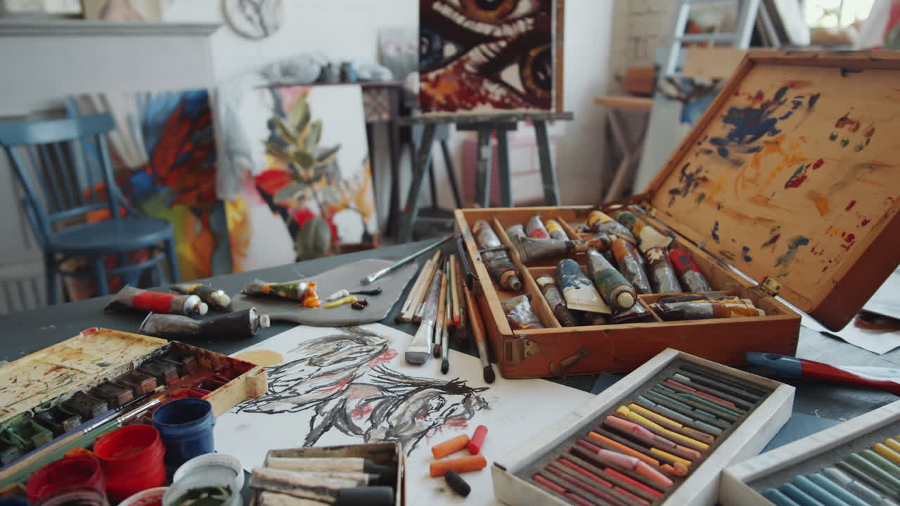 미술품과 함께 예술가의 작업 공간