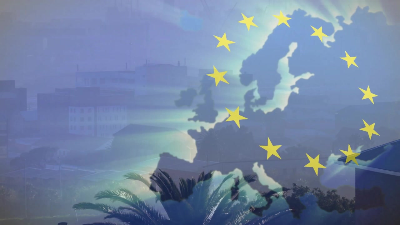 Céu nebuloso de abertura com mapa da UE desaparecendo, estrelas surgindo e orbitando, e contorno pulsando formando um círculo