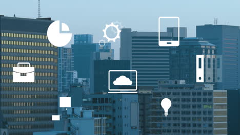Animation of financial data processing over cityscape