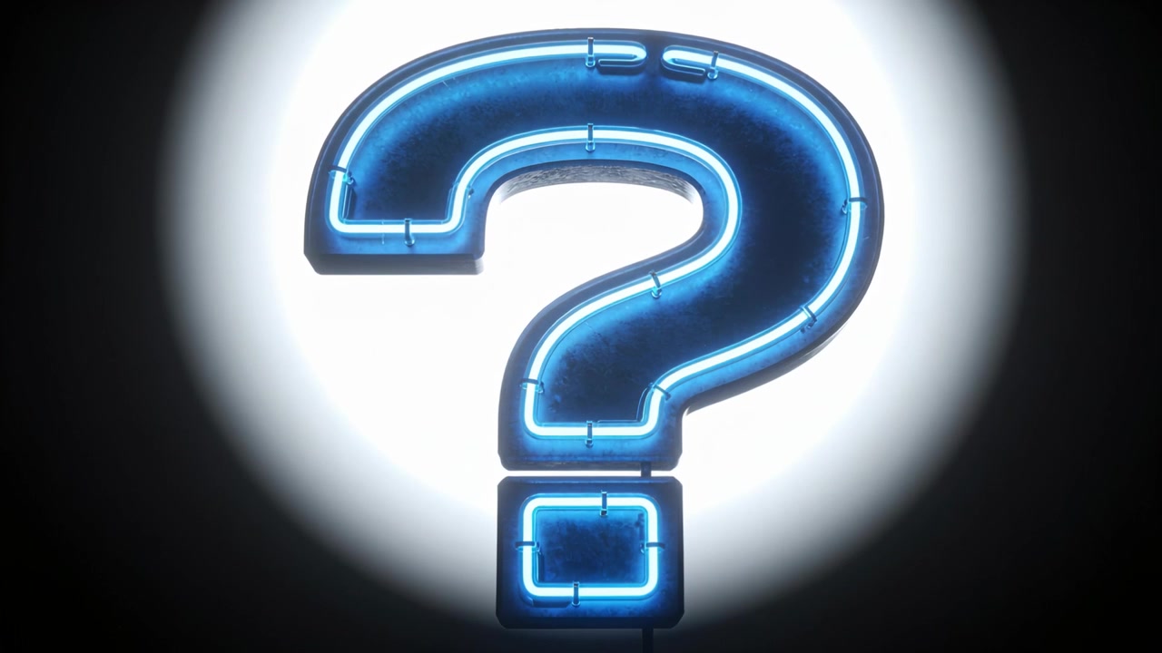 Glowing blue neon question mark sign, square dot casting halo on wall, powered by support rod