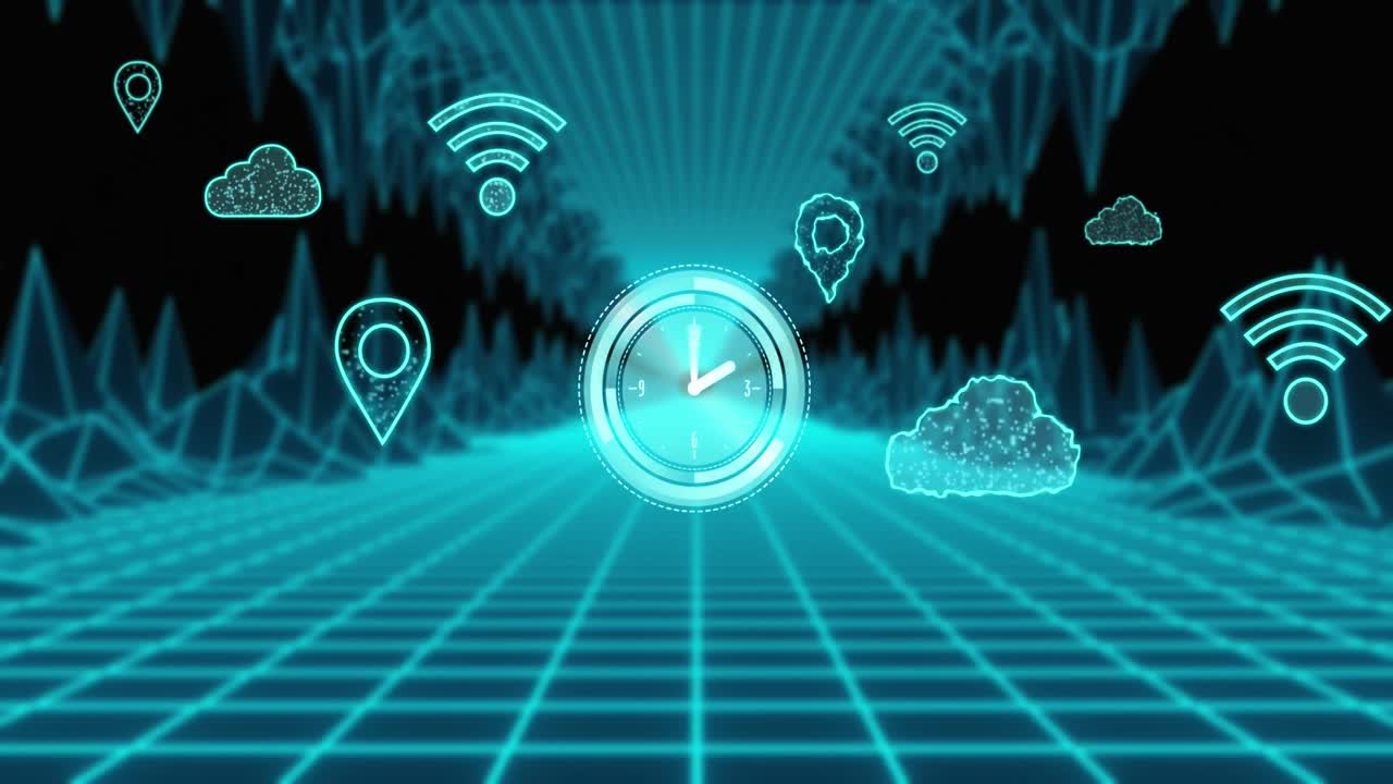 animación de iconos de nube y wifi con reloj y procesamiento de datos a través del metaverso