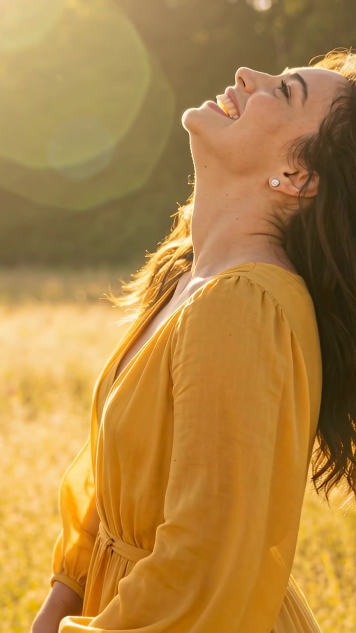 Video vertical: Mujer inclinando la cabeza hacia atrás en un campo, bañada por la luz del sol, con un vestido mostaza y perlas.