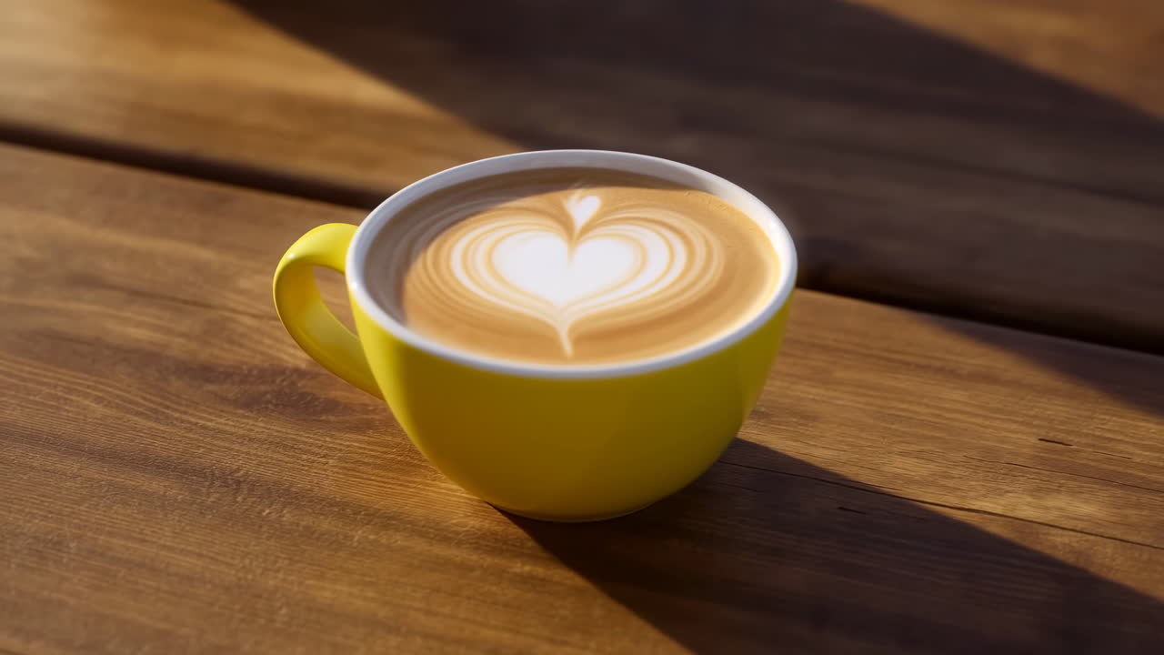 Latte con corazón en taza amarilla bajo la luz del sol matutina, primer plano de arte de espuma cremosa sobre mesa de madera, creando sombras cálidas