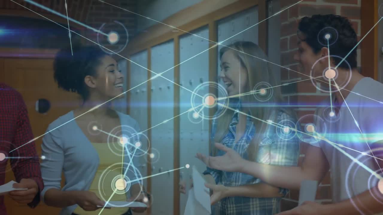 Animation af netværk af forbindelser med ikoner over forskellige elever, der taler i skolen