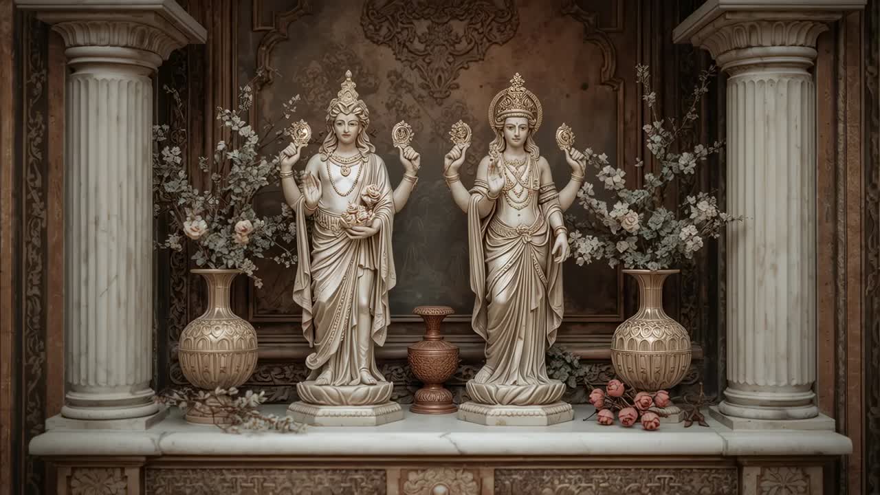 Pulling camera, paired statues in robes and crowns moving closer to highlight altar urn and vases