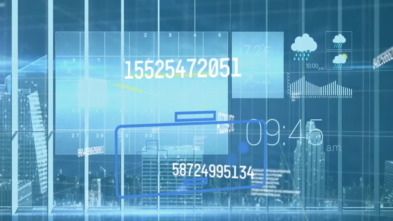 Animation of gamepad icon over data processing and cityscape