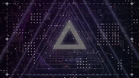 animación de triángulos y procesamiento de datos en cuadrícula.