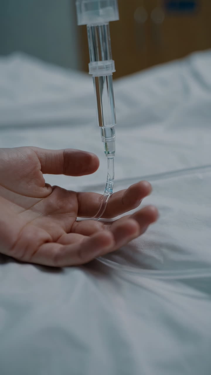 Primo piano della mano di un paziente con una flebo in un contesto ospedaliero
