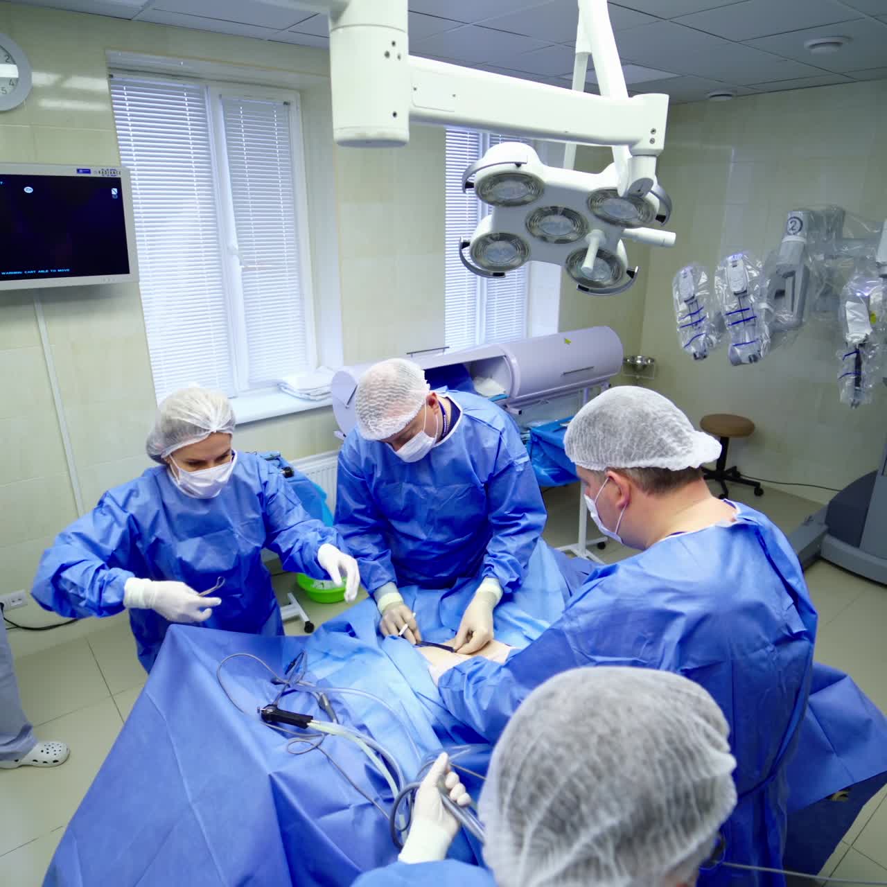 Modern surgical system. Medical robot. Minimally invasive robotic surgery. Da Vinci Surgery