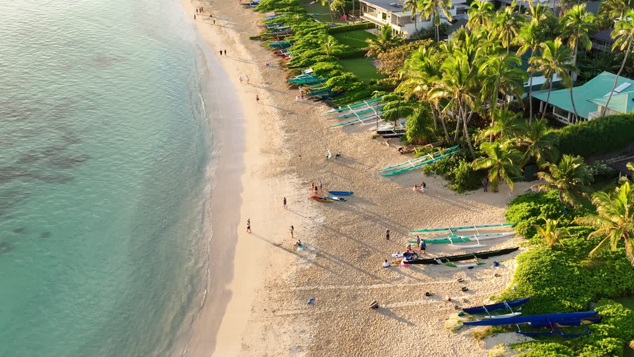 vista a volo d'uccello drone aereo della spiaggia di lanikai a lanikai hawaii all'alba bellissima spiaggia chiara acqua palme canoe scogliera paradiso fronte oceano proprietà nebbiosa mattina