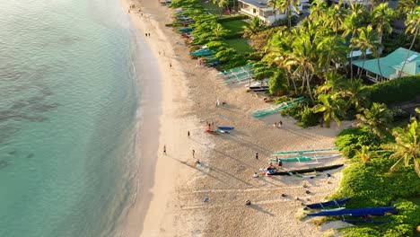 Vista-De-Pájaro-Drone-Aéreo-De-La-Playa-De-Lanikai-En-Lanikai-Hawaii-Al-Amanecer-Hermosa-Playa-Clara-Agua-Palmeras-Canoas-Arrecife-Paraíso-Propiedad-Frente-Al-Mar-Mañana-Brumosa