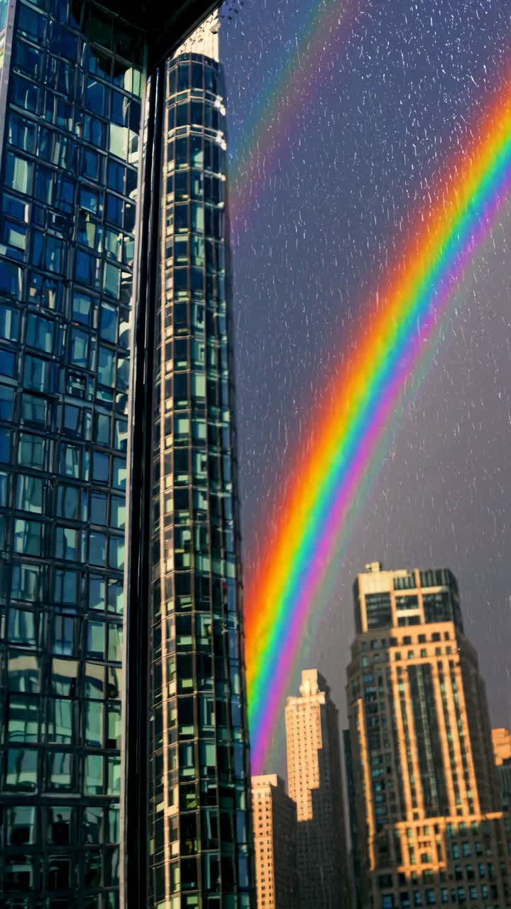 A vibrant rainbow arches over skyscrapers, captured from a low-angle