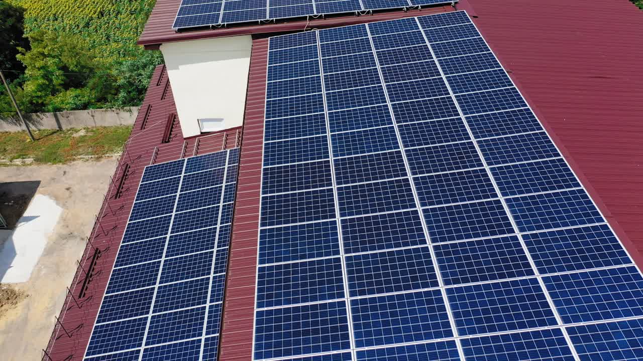 Aerial view. Top view on blue solar pannels. Green energy.
