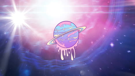 animation of melting planet saturn over stars on blue, pink and purple light trails in universe