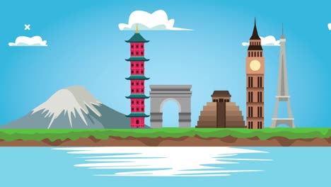 world tourism animation with monuments and lake scene