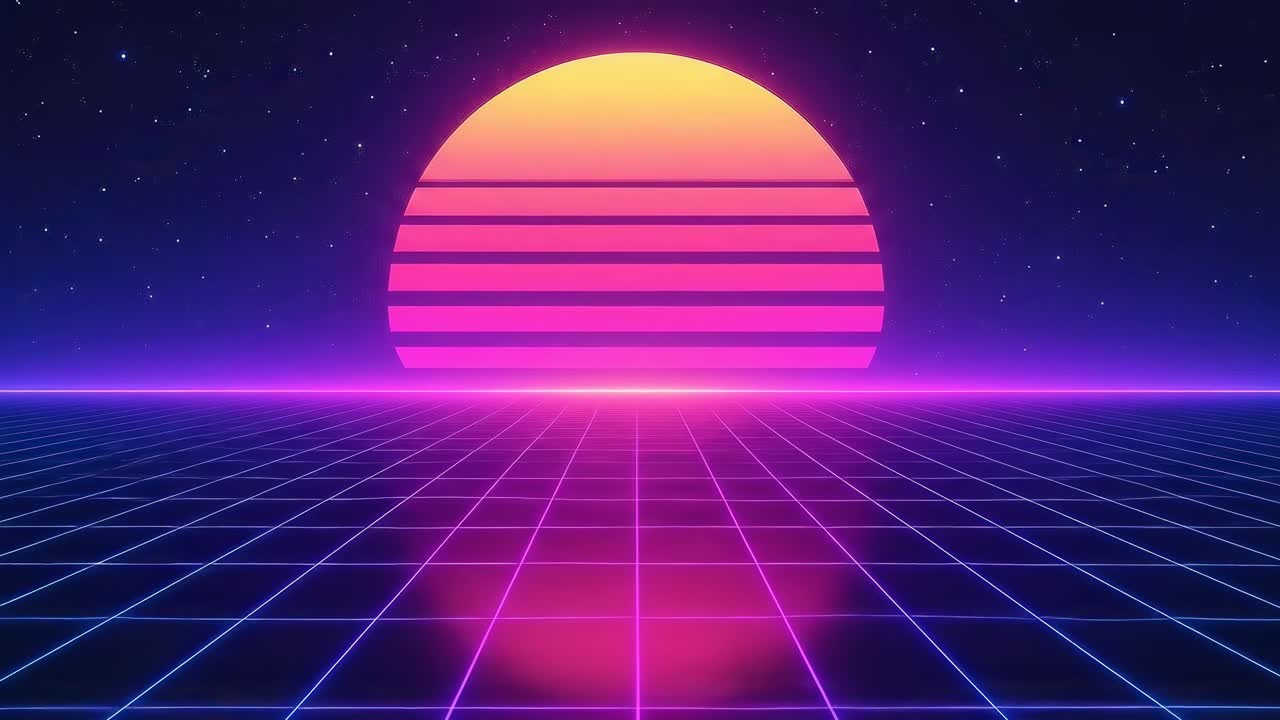 Tramonto retro-futuristico con linee della griglia, visuale dal basso, perfetto per un video nostalgico