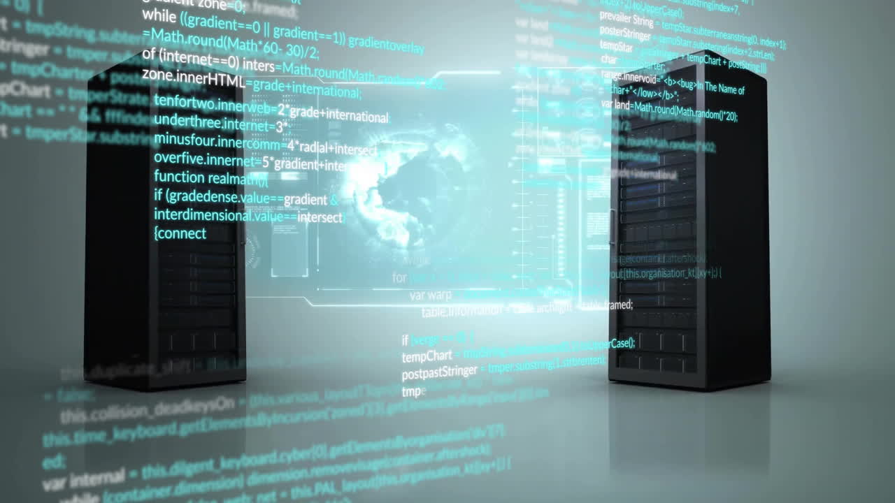 Animation of data processing over servers on white background