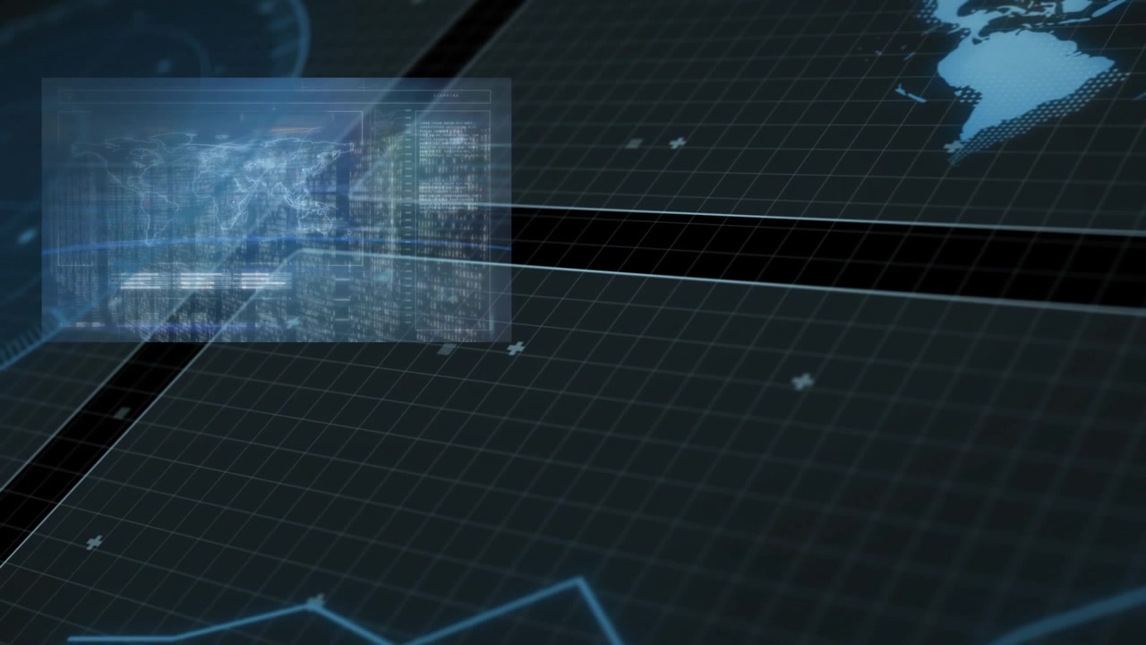 Digital World Map and Data Analytics Interface on Dark Grid Background