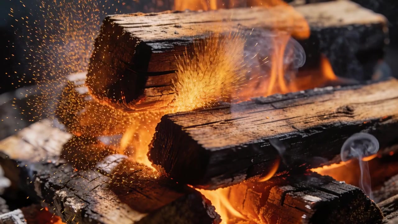 Igniting resin pocket, stacked logs burning with sparks and smoke at campfire, yielding embers
