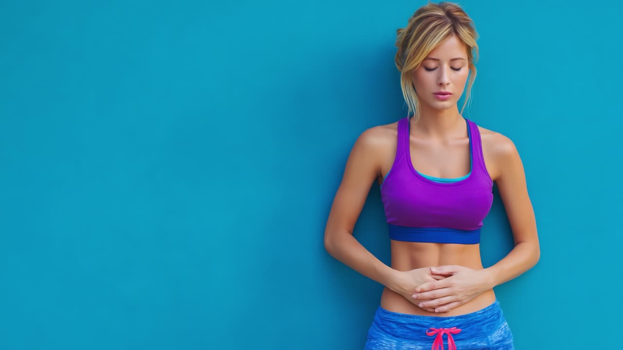 Una Pausa Tranquilla: Una giovane donna in abbigliamento sportivo che dimostra calma contro una parete turchese brillante, sottolineando la mindfulness e il benessere nella sua routine.