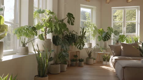 a bright room full of potted houseplants