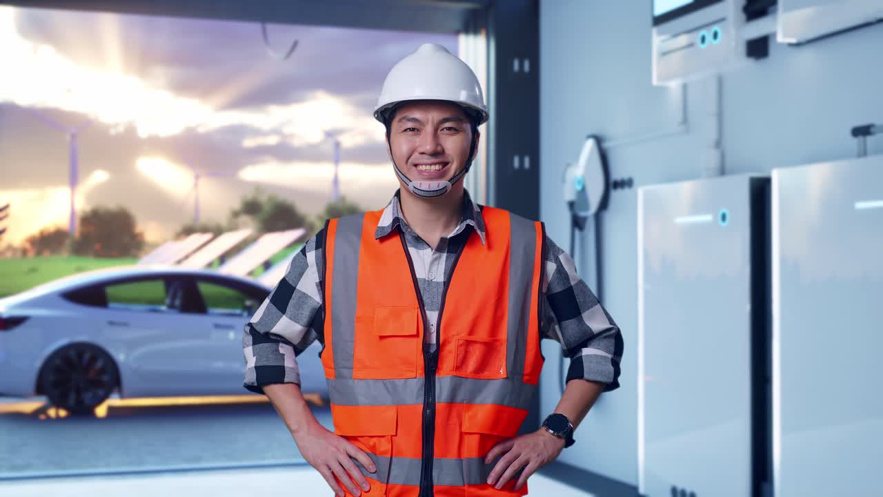 Asian Male Engineer Wearing Safety Helmet Smiling To Camera While Standing With Arms Akimbo With Home Energy Storage System In a Modern Garage
