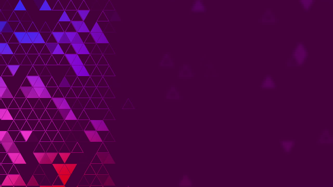 Dark violet background featuring a cluster of pink and purple triangles on the left side with fading geometric elements and copy space. Abstract loop animation