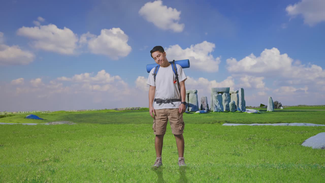 Man Hiking near Ancient Stones