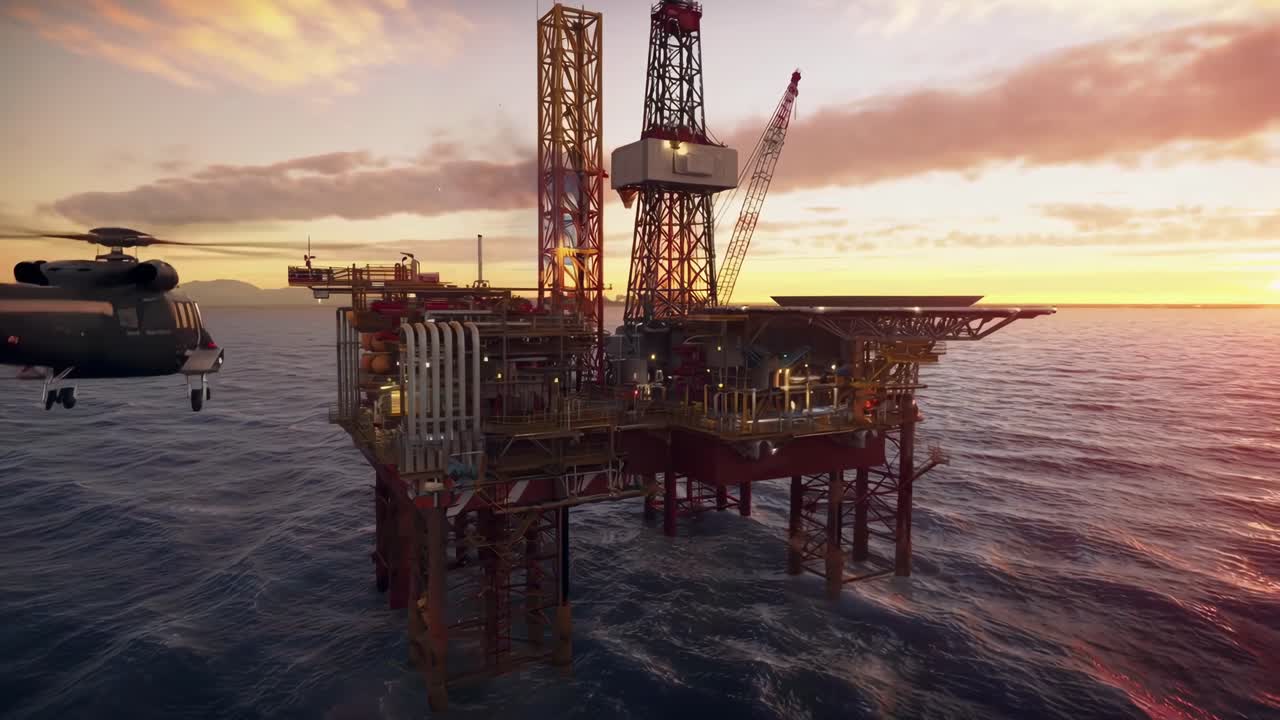 Aerial video of an offshore oil rig at sunset, showcasing industrial structures and ocean