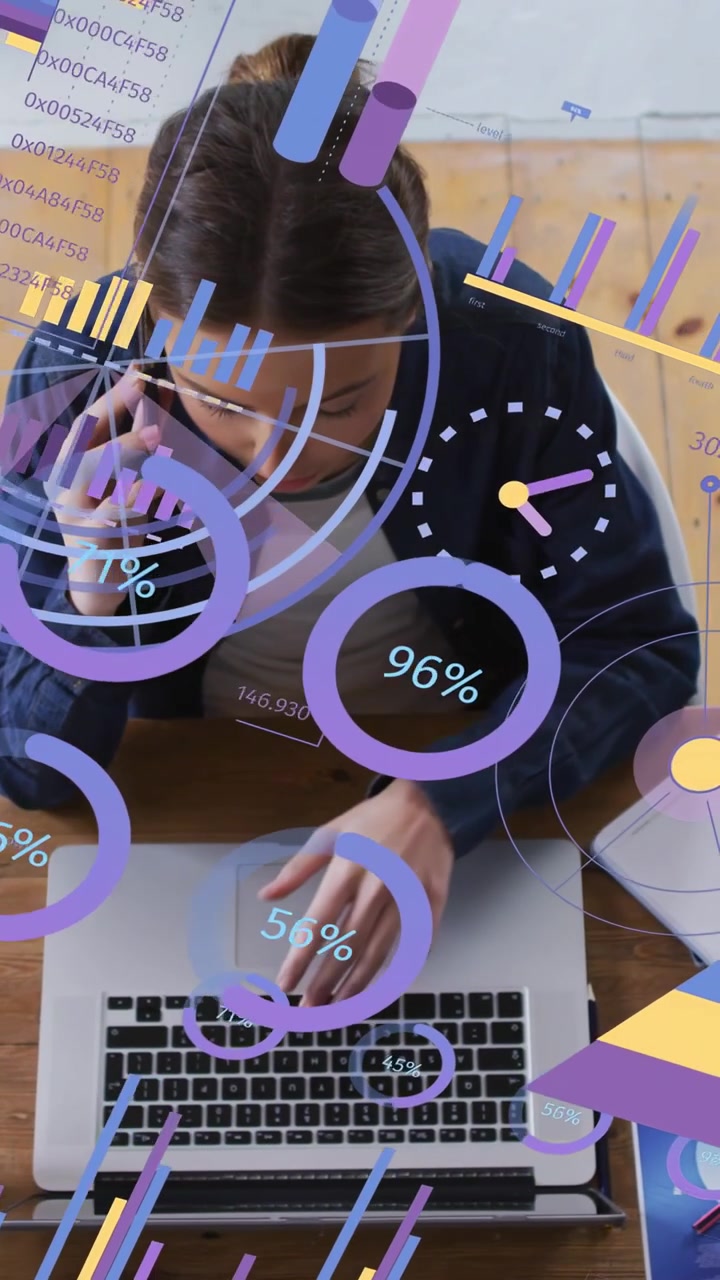 Vertical video: Woman answering phone and working laptop in business, analytics overlays growing