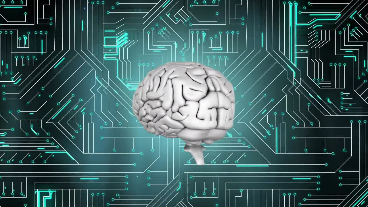 컴퓨터 회로판에 회전하는 회색 뇌