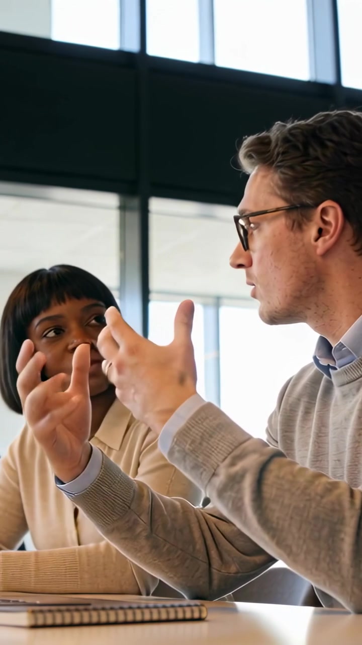 Vertical video: Turning to woman, man speaking to make point, gesturing at table with notebook