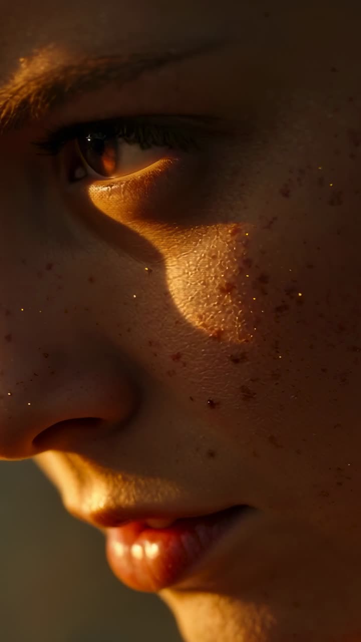 Vertical video: Opening subject's eye as warm light grazing cheek showing freckles and amber iris