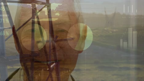 animación del procesamiento de datos con pilones y paisaje sobre un médico caucásico