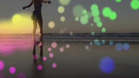 Animación-De-Luces-Sobre-Una-Mujer-Caucásica-Feliz-Caminando-Por-La-Playa