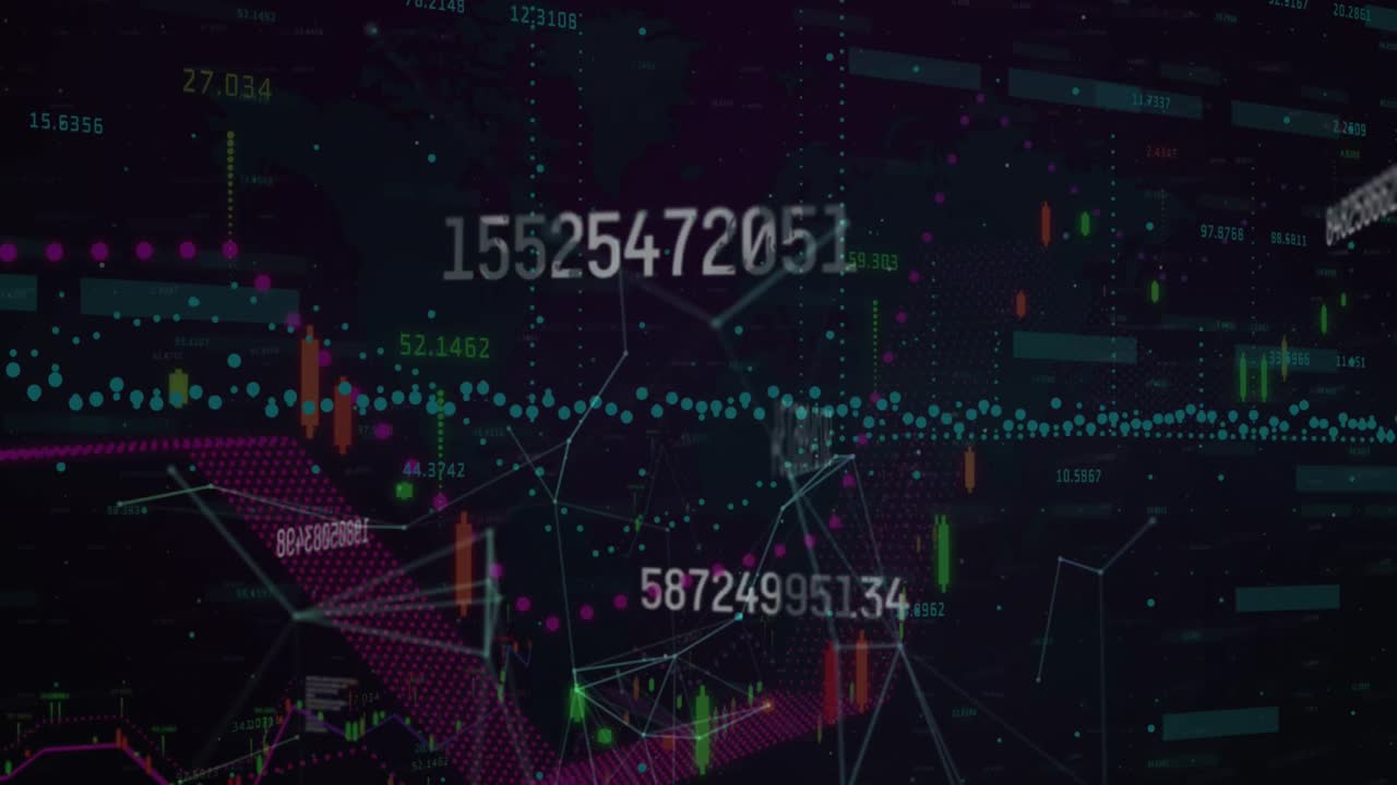 Animation of financial data processing over black background
