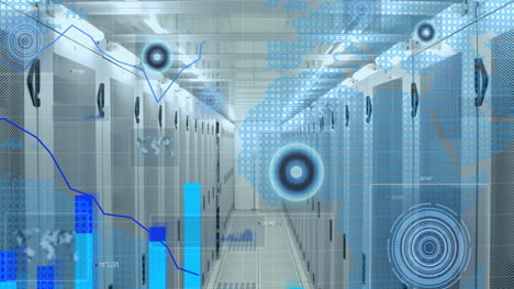 statistical data processing and round scanners over world map against empty computer server room