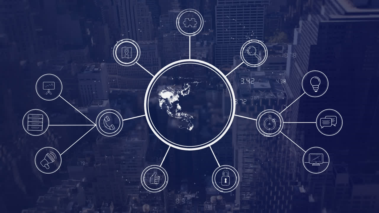 도시 풍경 위의 아이콘으로 연결된 네트워크의 애니메이션