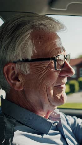 close-up video of an elderly man driving, shot from a side angle