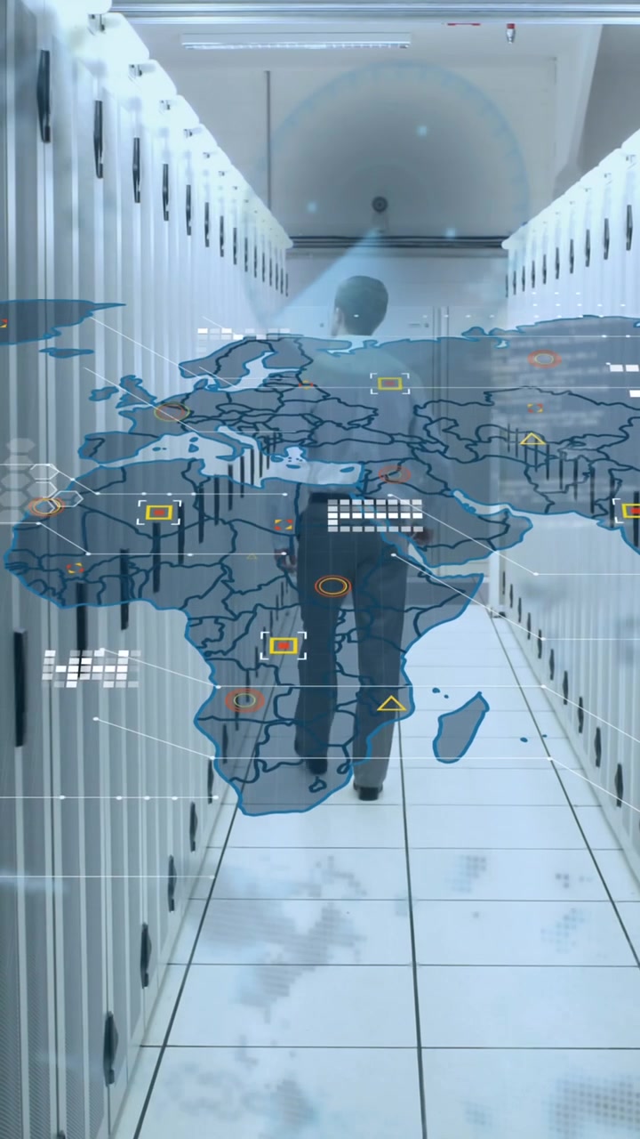 Animation of world map and data processing over caucasian businessman by computer servers