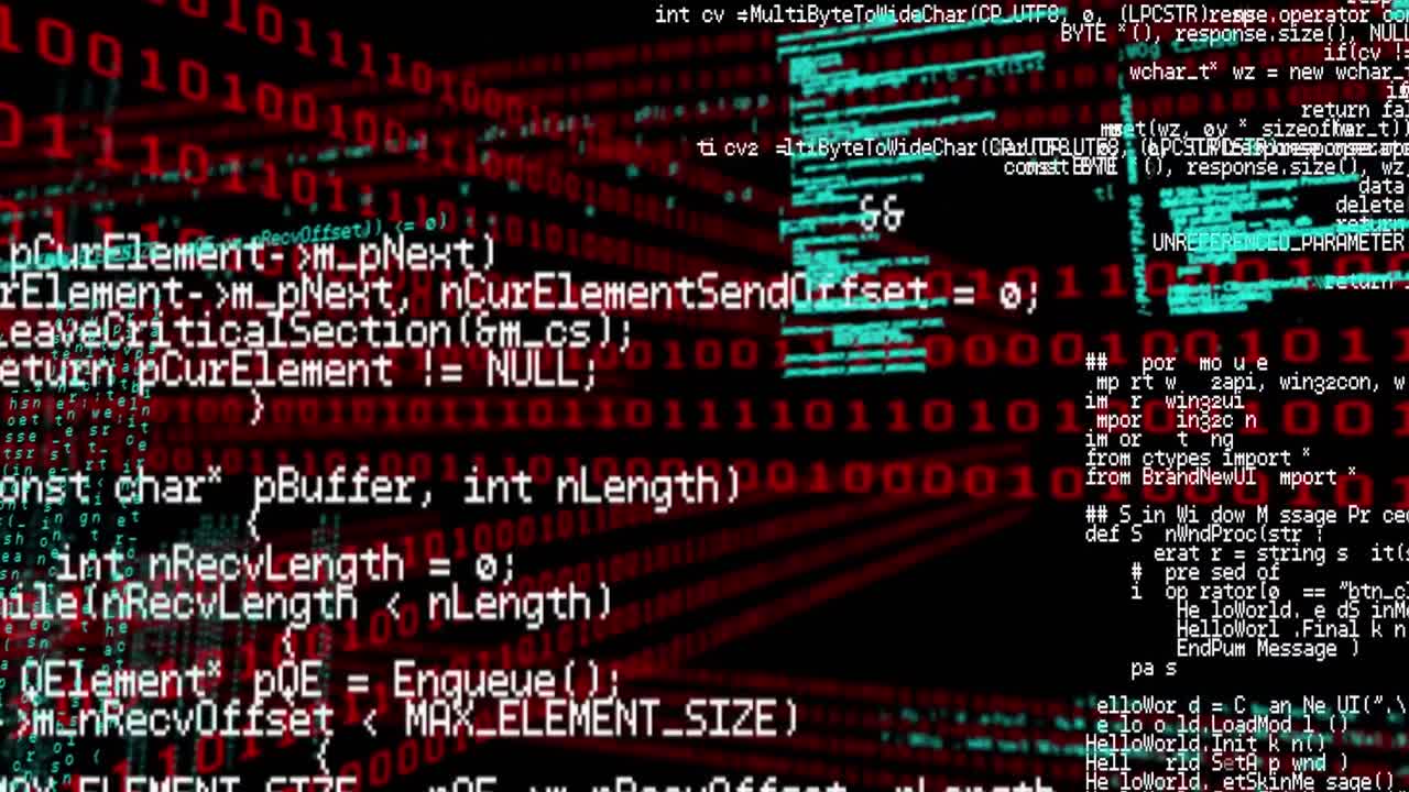 Digital animation of data processing and binary coding against black background